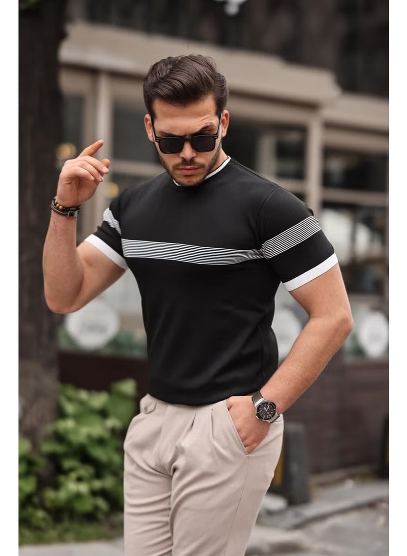 Miron Black Crew Neck Striped Knitwear T-Shirt - Image 3